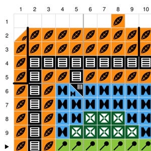 May include: Cross-stitch pattern chart with a colorful design. The chart features a variety of symbols, including leaves, butterflies, and geometric shapes. The chart is printed on white paper with black lines.