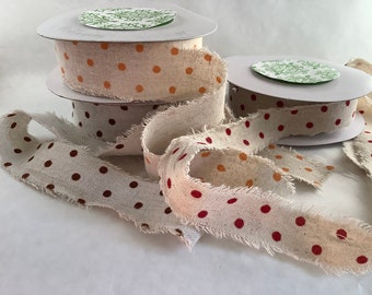 2 yards of Cotton Linen Blend Velvet Dot Ribbon with Frayed Edge, Velvet Polka Dots, Fall ribbon