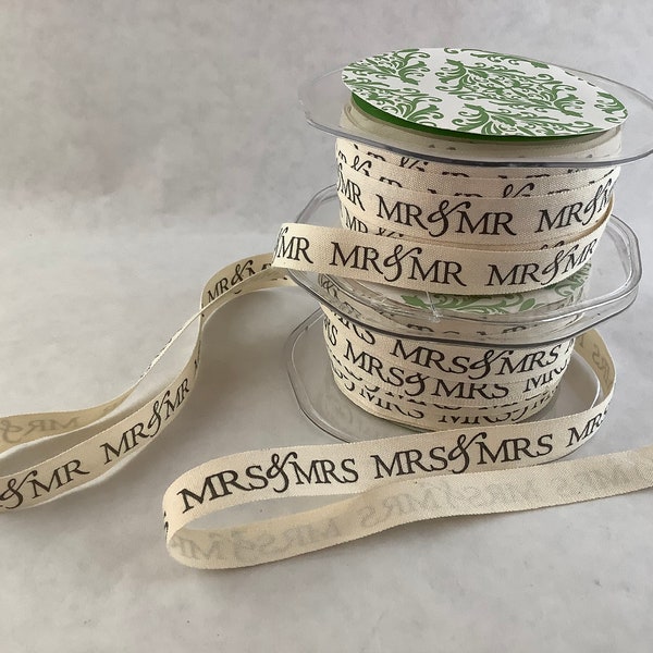 2 yards of Wedding Ribbon, Mr. & Mr. Wedding Ribbon, Mrs. and Mrs. Wedding Ribbon, Ivory Canvas