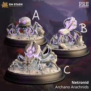May include: Three Netronid Archano Arachnids miniatures, each on a black base, with a futuristic spider-like design. The models feature glowing purple accents and are set against a rocky terrain background. The DM STASH logo and "PRE SUPPORTED" text are visible.