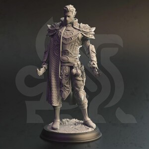 Puede incluir: Figura detallada de un guerrero de fantasía con armadura ornamentada. La figura es predominantemente gris, con intrincados patrones en el pecho, los hombros y las piernas. Una capa y una máscara se suman a la mística del personaje. La figura se encuentra sobre una base circular.