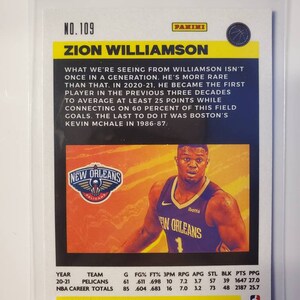 May include: A basketball trading card featuring Zion Williamson of the New Orleans Pelicans. The card is yellow and black with a photo of Williamson in his uniform. The card includes statistics for the 2020-21 season and his career totals.