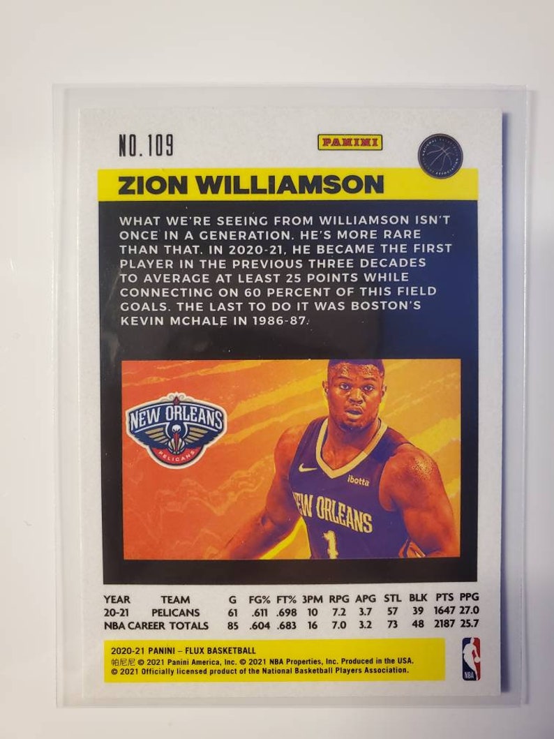 May include: A basketball trading card featuring Zion Williamson of the New Orleans Pelicans. The card is yellow and black with a photo of Williamson in his uniform. The card includes statistics for the 2020-21 season and his career totals.