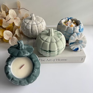 Concrete Pumpkin Candle Pot with Lid: Fall Decor, Wood Wick, 8 oz