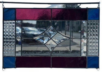 Diamonds: Wine and Blue, Stained Glass Window Panel