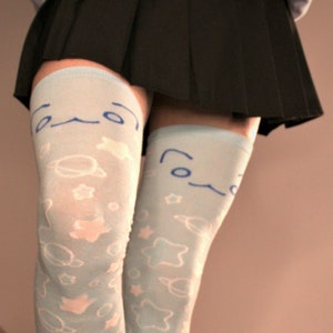 Extra Long Thigh High Socks - Baby Blue Cute Cosmic Design