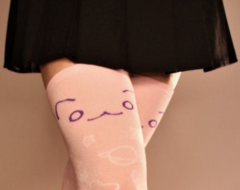 Extra Long Thigh High Socks - Pink Cute Cosmic Design