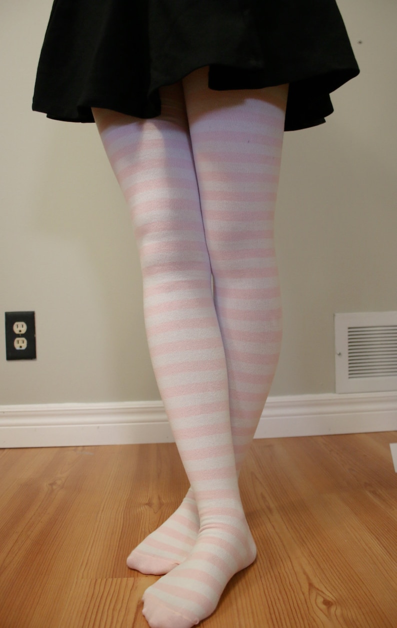 Extra Long Thigh High Socks Pastel pink and white image 7