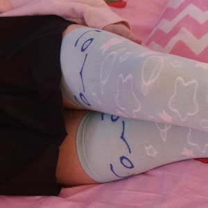 Extra Long Thigh High Socks - Baby Blue Cute Cosmic Design