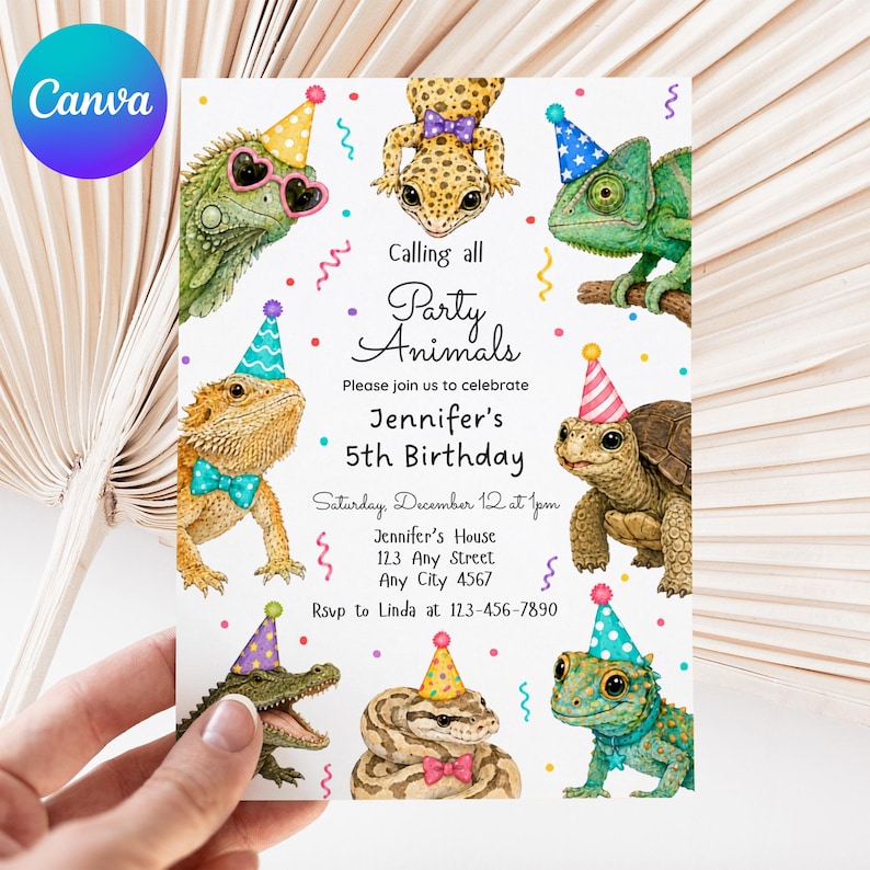 Reptile Birthday Invitation, FREE Favor Tag, Editable Canva Template, Any Age Birthday Invite, Digital Download