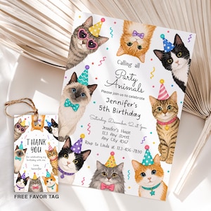 Invitación de cumpleaños para gatos, etiqueta de recuerdo GRATIS, invitación para fiesta de cumpleaños de gatitos, plantilla editable de Canva, invitación de cumpleaños para cualquier edad, descarga digital.