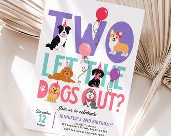 Może przedstawiać: Prostokątne zaproszenie urodzinowe z napisem Two Let The Dogs Out? oraz ilustracjami sześciu psów w czapkach imprezowych. Karta zawiera szczegóły wydarzenia na drugie urodziny Jennifer, które odbędą się 12 grudnia w godzinach 13:00-16:00.
