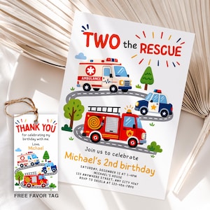 Invitación de cumpleaños de Two the Rescue, etiqueta de recuerdo GRATIS, invitación para el segundo cumpleaños, plantilla editable de Canva, descarga digital