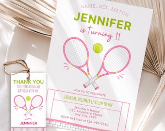 Tennis Birthday Invitation, FREE Favor Tag, Editable Canva Template, Any Age Birthday Invite, Digital Download