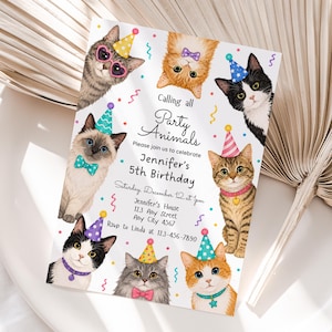 May include: A rectangular birthday invitation card featuring illustrations of eight cats wearing colorful party hats and accessories. The text reads: Calling all Party Animals, Please join us to celebrate Jennifer's 5th Birthday, Saturday, December 12 at 1pm.