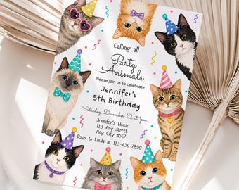 May include: A rectangular birthday invitation card featuring illustrations of eight cats wearing colorful party hats and accessories. The text reads: Calling all Party Animals, Please join us to celebrate Jennifer's 5th Birthday, Saturday, December 12 at 1pm.