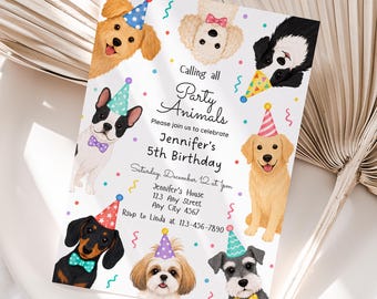 Może przedstawiać: Prostokątne zaproszenie na urodziny z ilustracjami ośmiu psów w kolorowych czapeczkach urodzinowych i muszkach. Tekst głosi: Calling all Party Animals, Please join us to celebrate Jennifer's 5th Birthday, sobota, 12 grudnia o godzinie 13:00.