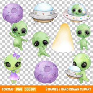 UFO Hand Drawn Clipart PNG Bundle | Alien Space Illustrations | Aliens Printable PNG Graphics | 300 dpi | Instant Download