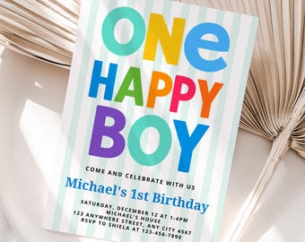 One Happy Boy Birthday Invitation, 1st Birthday Invite, Editable Canva Template, Digital Download