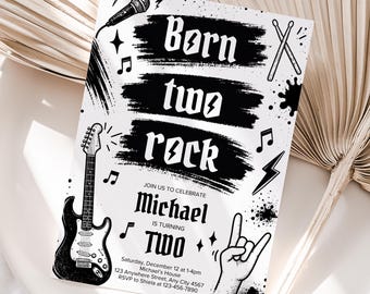 Zaproszenie urodzinowe Born Two Rock, zaproszenie na drugie urodziny, edytowalny szablon Canva, pobieranie cyfrowe