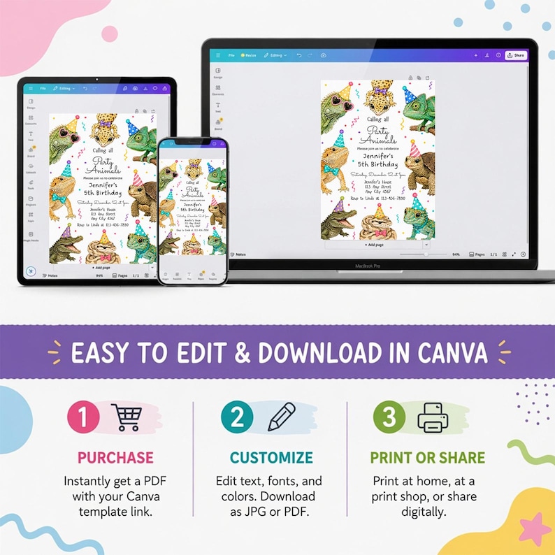 Reptile Birthday Invitation, FREE Favor Tag, Editable Canva Template, Any Age Birthday Invite, Digital Download