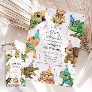 Invitación de cumpleaños con temática de reptiles, etiqueta de recuerdo GRATIS, plantilla editable de Canva, invitación de cumpleaños para cualquier edad, descarga digital.