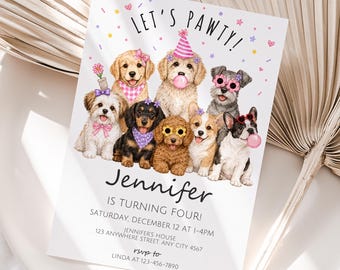 Może przedstawiać: Białe zaproszenie na urodziny z ilustracją siedmiu szczeniąt w akcesoriach imprezowych, takich jak czapki i okulary. Tekst brzmi LET'S PAWTY! Jennifer IS TURNING FOUR! SATURDAY, DECEMBER 12 AT 1-4PM, JENNIFER'S HOUSE, 123 ANYWHERE STREET, ANY CITY 4567, rsvp TO LINDA AT 123-456-7890.
