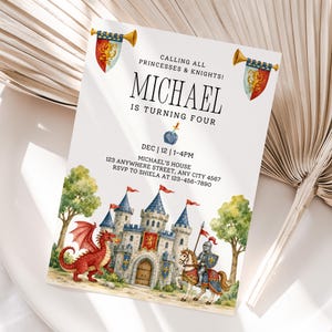 May include: A rectangular birthday invitation card featuring a watercolor castle, a red dragon, and a knight on horseback. The text reads: CALLING ALL PRINCESSES & KNIGHTS! MICHAEL IS TURNING FOUR, DEC 12, 1-4PM, MICHAEL'S HOUSE, 123 ANYWHERE STREET.
