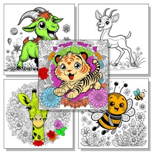 Páginas para colorear de animales, carteles gigantes para colorear, paquete de 5: cabra, abeja, tigre, jirafa y antílope para que los niños coloreen [20 x 20 pulgadas cada uno]
