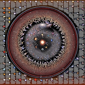 May include: A colorful infographic depicting the size and scale of the universe, from the smallest particles to the largest galaxies. The image is a circular diagram with a central sun and planets, surrounded by stars, nebulae, and galaxies. The diagram is surrounded by a grid of smaller images representing different objects in the universe.
