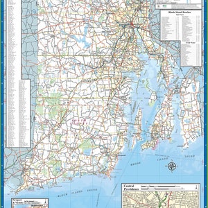 24&quot;x36&quot; Poster Detailed Rhode Island Highway Map with Cities and Towns, Tourist
