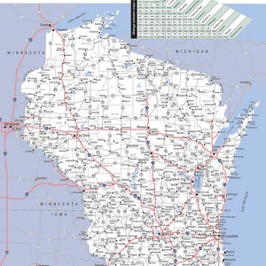 24 x 29 pouces Grande carte détaillée du Wisconsin avec les villes et les villages