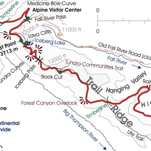 May include: A map of the Fall River Trail in Rocky Mountain National Park, Colorado. The trail is marked in red and winds through the mountains, passing by landmarks like the Continental Divide, Milner Pass, and the Fall River Entrance. The map also includes information about road closures and trailhead locations.