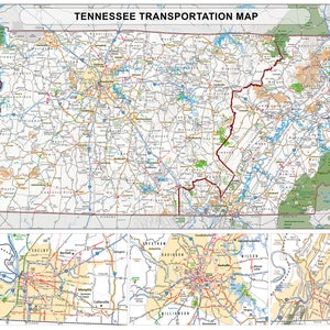 May include: A detailed map of Tennessee, showing major highways, roads, and cities. The map includes a compass and a legend with information about the state's transportation system. The map is titled "Tennessee Transportation Map".
