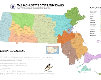 Wall Art Impressions: Map of Massachusetts Cities, Towns and County Seats [36x24in Poster]