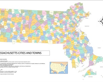 36x24in Poster Map of Massachusetts Cities, Towns and County Seats