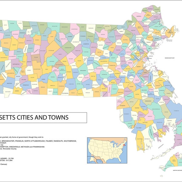 36x24in Poster Map of Massachusetts Cities, Towns and County Seats