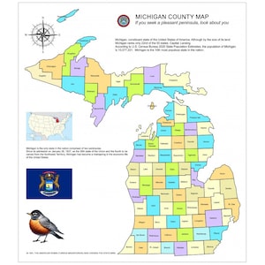 Wall Art Impressions™ 24&quot;x30&quot; Vibrant Michigan County Map: A Colorful Guide to Michigan&#39;s Counties and State Symbols