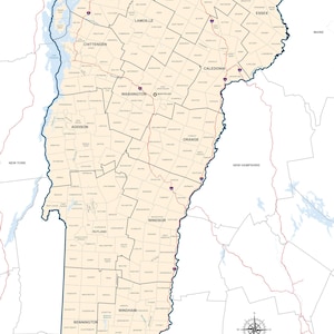 Poster 61 x 33 po. Carte du comté du Vermont avec les limites des villes et des comtés
