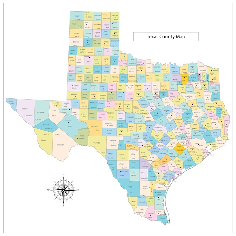 24x24in Poster Texas County Map and County Seats - Etsy