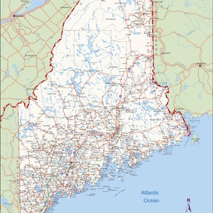 May include: A detailed map of the state of Maine, USA, showing the state's major roads, highways, and county boundaries. The map is color-coded to distinguish between interstate highways, toll roads, state routes, and primary roads. The map also includes the names of major cities and towns.