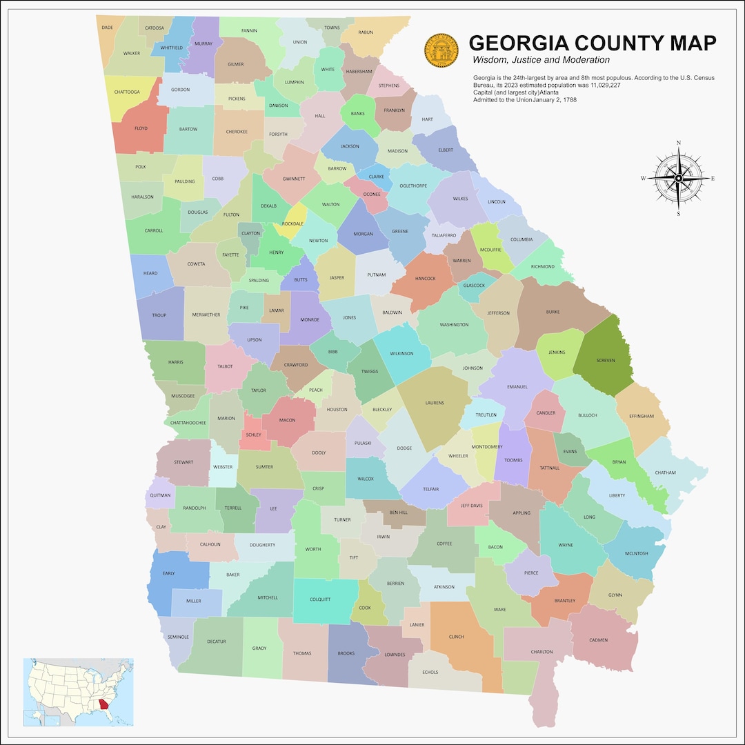 24x24in Poster Georgia County Map - Etsy