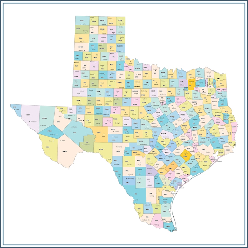 24x24in Poster Texas County Map and County Seats - Etsy