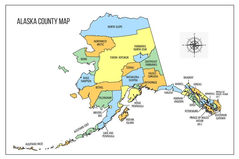 35x24in Poster Alaska County Map - Etsy