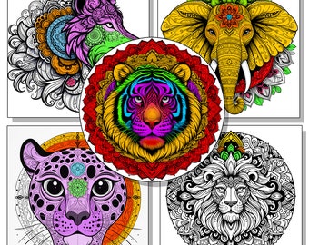 Giant Coloring Poster 5 Pack - Elephant, Lion Tiger Leopard Wolf - For Kids & Adults to color [20"x20" each]