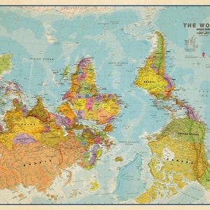 Rare maps. Upside Down Political World Map. 24"x36" Photo Print Poster
