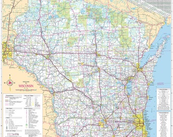 24x27in Poster Wisconsin State Highway Detailed Map, Railroads, Cities Villages