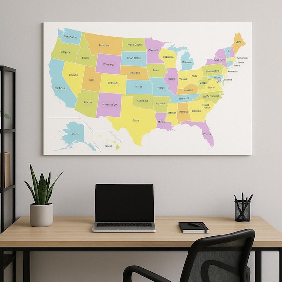 ウォールアートの印象：24インチ×36インチのカラフルなアメリカ地図と