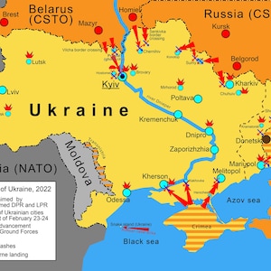 May include: A map of Ukraine and surrounding areas, showing the Russian invasion of 2022. The map uses red arrows to indicate the reported advancement of Russian ground forces and bombings of Ukrainian cities.