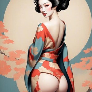 Wall Art Impressions: Elegant Japanese Woman Poster – Stylized Kimono Beauty with Graceful Curves and Bare Rear 16&quot;x24&quot;